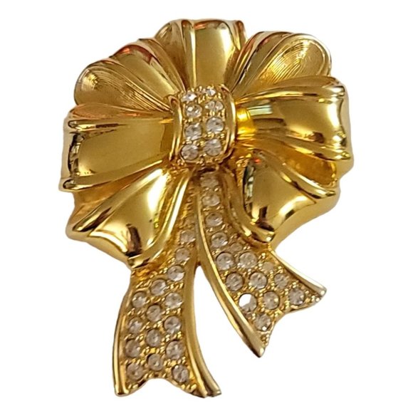 Swarovski Swan Signed Gold Tone Clear Crystal Ribbon Bow Brooch Pin K924 - Picture 2 of 7